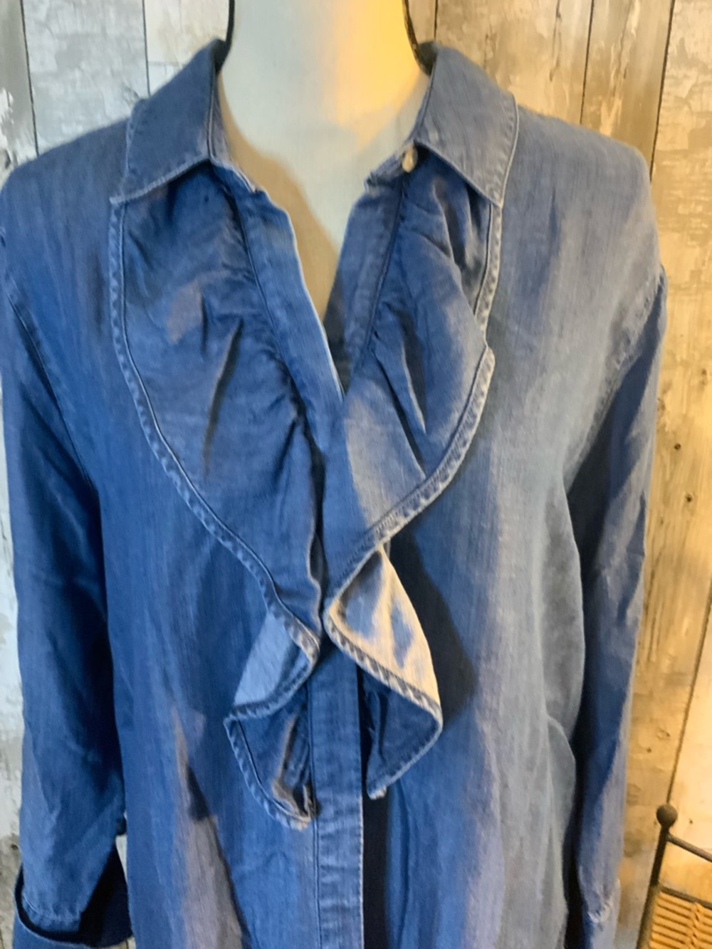 Chico's Blue Ruffle-Front Button Down Shirt - Picture 2 of 6